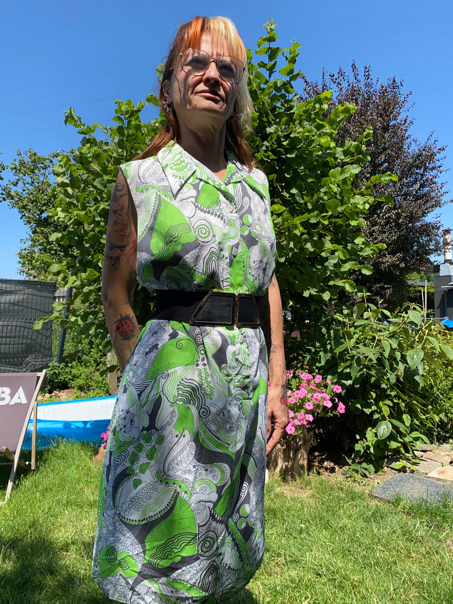 Robe tablier motifs verte 70s